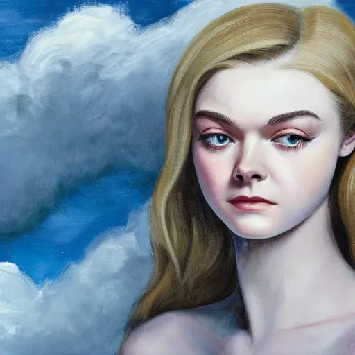 Prompt: professional painting of Elle Fanning in the style of Frank Frazetta, head and shoulders portrait, symmetrical facial features, smooth, sharp focus, illustration, intricate, stormy weather, extremely detailed masterpiece,