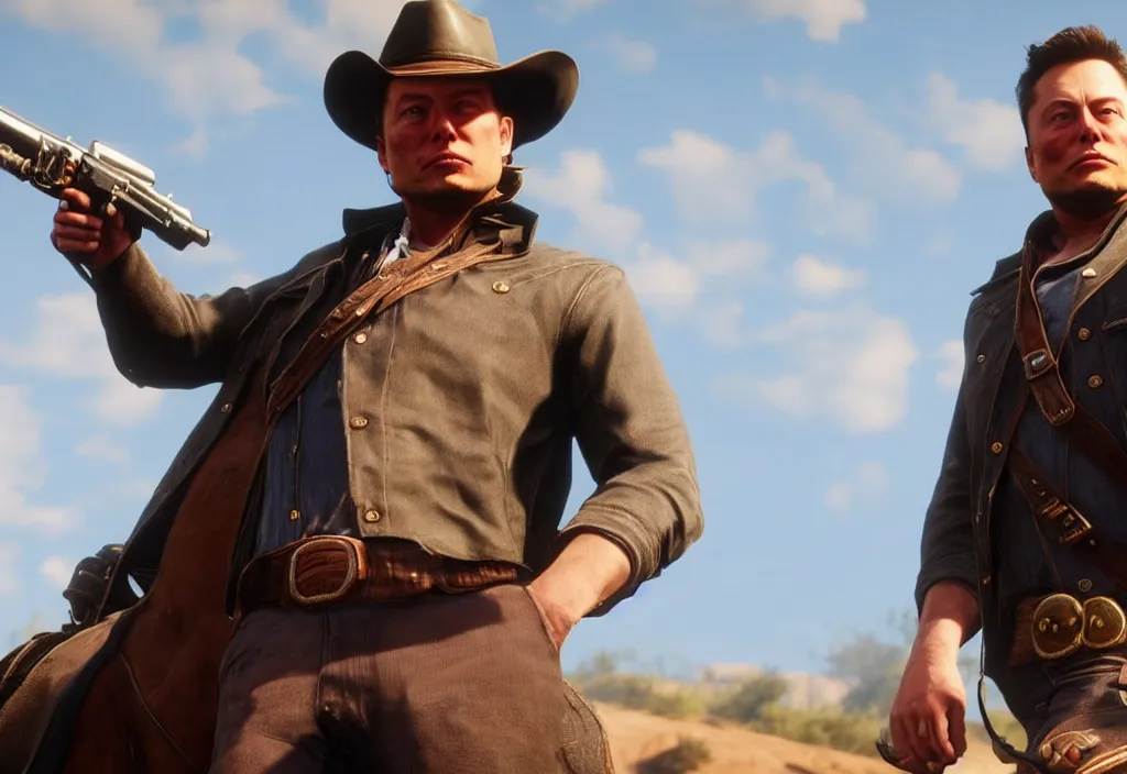 Image similar to elon musk in the red dead redemption 2, elon musk in the video game red dead redemption 2, gameplay screenshot, close up, 3 d rendering. unreal engine. amazing likeness. very detailed.