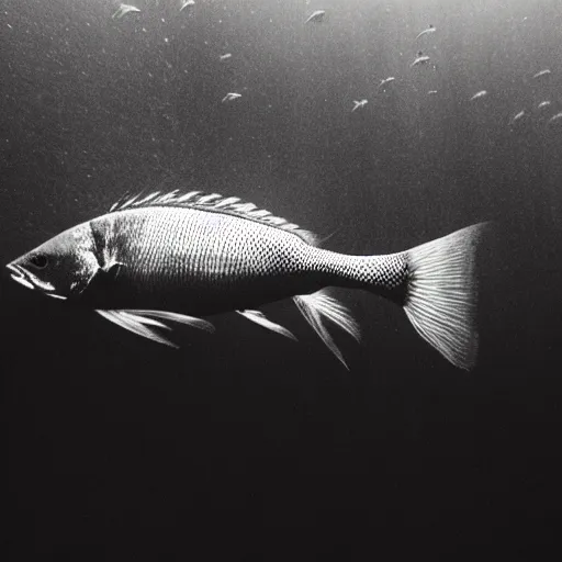 Image similar to a gloomy fish swimming through trees in a black and white forest