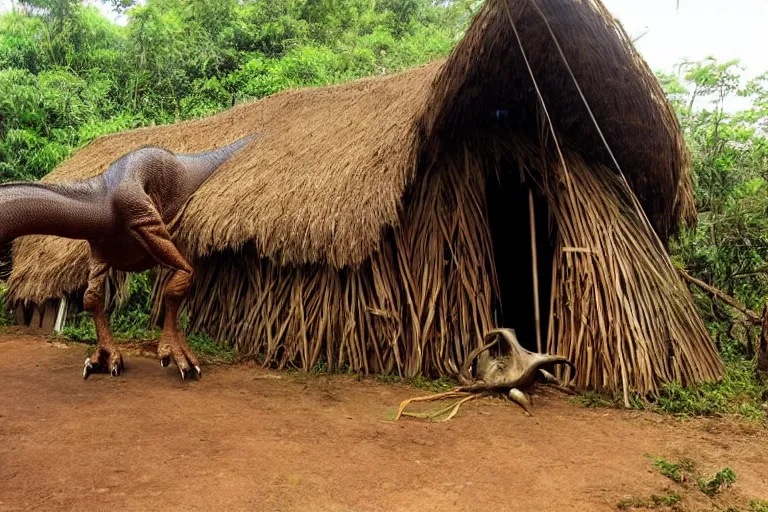 Image similar to a 4 meter tall previously unknown living bipedal herbivore dinosaur destroying hut by eating the thatched roof in a small jungle settlement, shaky grainy amateur photos by witnesses