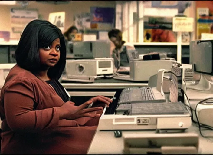 Image similar to cinematic shot of octavia spencer in an small used electronics store next to an old electronic keyboard, iconic scene from the paranoid thriller sci fi film directed by stanley kubrick, anamorphic cinematography, beautiful composition, color theory, leading lines, photorealistic, moody volumetric lighting