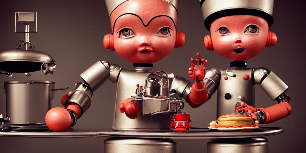 Image similar to closeup portrait of tin toy retro robot chef cooking pastry in a kitchen, depth of field, zeiss lens, detailed, centered, fashion photoshoot, by nicoletta ceccoli, mark ryden, lostfish, breathtaking, 8 k resolution, extremely detailed, beautiful, establishing shot, artistic, hyperrealistic, octane render