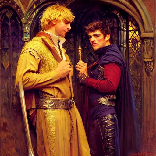 Image similar to attractive, arthur pendragon in love with attractive male, merlin the mage. highly detailed painting by gaston bussiere, craig mullins, j. c. leyendecker