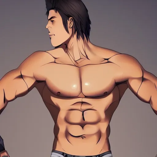 Prompt: still of a man [ short brown hair, tan skin ] with a very muscular, inverted triangle, lean body type, calvin klein photography, underwear ad, intricate, [ 4 k photorealism ]!!, anime art style, cgsociety contest winner, full - body!