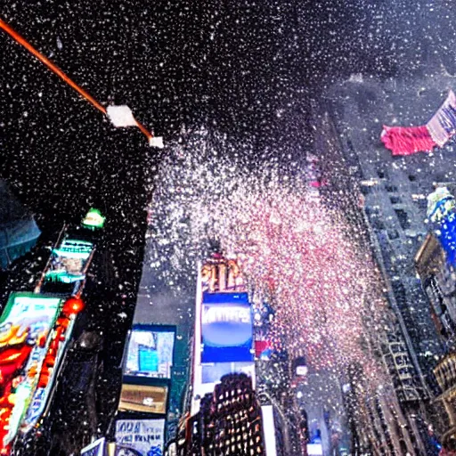 Image similar to an epic highres gopro shot of spaghetti raining down on times square