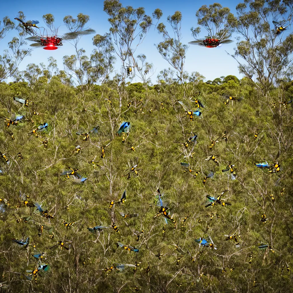 Image similar to robot flying over a food forest, killing wasps with automatic lasers in the australian outback, XF IQ4, 150MP, 50mm, F1.4, ISO 200, 1/160s, natural light
