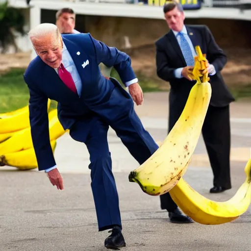 Prompt: tabloid photograph of Joe Biden slipping on a banana peel