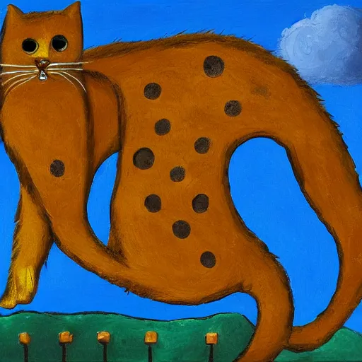 Image similar to golden cat with a black spot on her trunk, an old house with a window over a hill, blue sky, oil painting