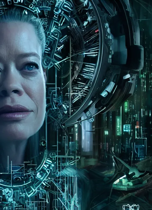 Image similar to 35mm portrait of an intricate and sophisticated borg with the face of Jeri Ryan , on the background of a weird magical mechanical forest. Round gears visible inside her hear. Very detailed 8k. Fantasy cyberpunk horror. Sharp. Cinematic post-processing