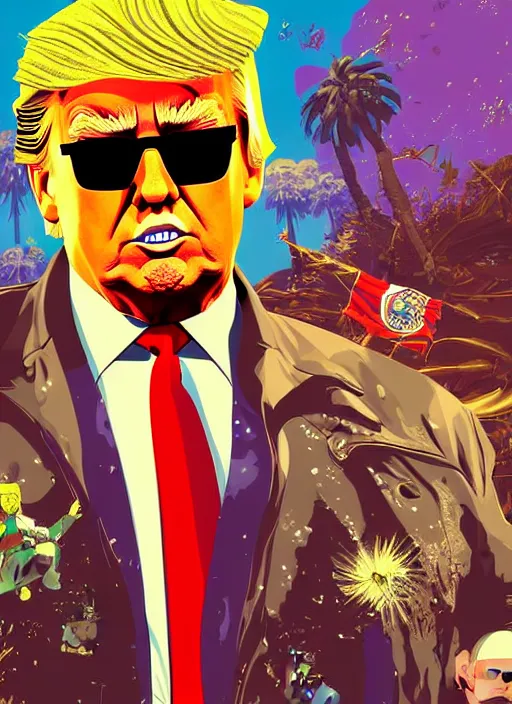 Prompt: portrait of donald trump sunglasses stars in the sky fairies with detailed faces enchanted forest on the ground money dollars psychedelic wide angle shot white background vector art illustration gears of war cell shaded illustration gta 5 artwork of donald trump, in the style of gta 5 loading screen, by stephen bliss by hieronymus bosch and frank frazetta