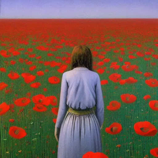 Image similar to a painting of a girl standing in a field of poppies by zdzisław beksiński