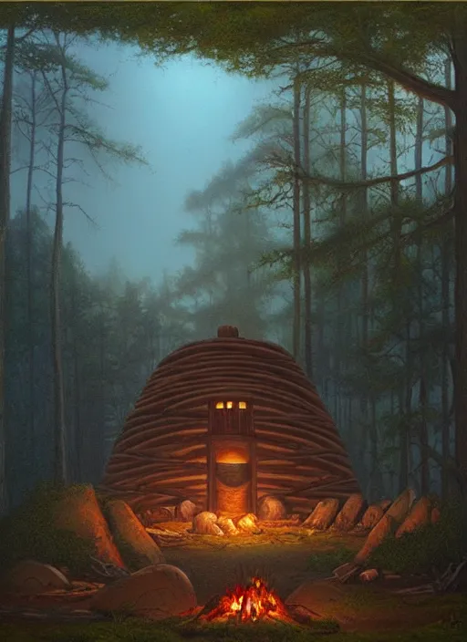 Image similar to a beautiful painting of a round sweat lodge hut in a forest next to a campfire, matte painting, art by christophe vacher