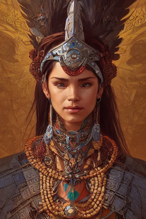 Prompt: a portrait of a anthropomorphic an acient aztec warrior goddess, D&D, fantasy, intricate, highly detailed, digital painting, artstation, concept art, smooth, sharp focus, illustration, art by artgerm and greg rutkowski and alphonse mucha