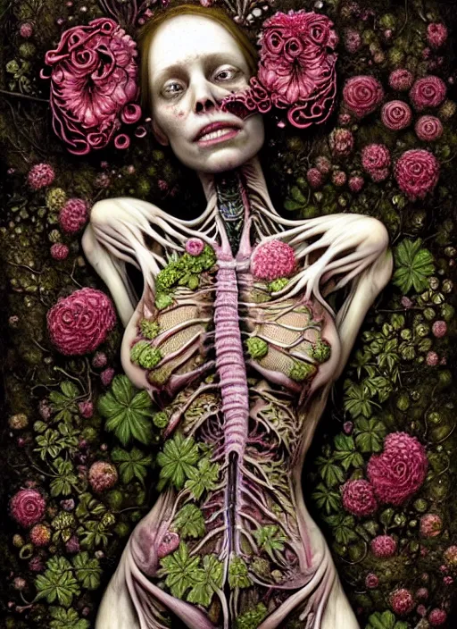 Image similar to beautiful and detailed rotten woman corpse with fractal plants and fractal flowers growing around, muscles, veins, arteries, intricate, organs, ornate, surreal, ray caesar, john constable, guy denning, dan hillier