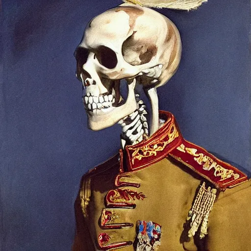 Image similar to A portrait of a skeleton in a Russian Tsar's uniform, painted by John Singer Sargent