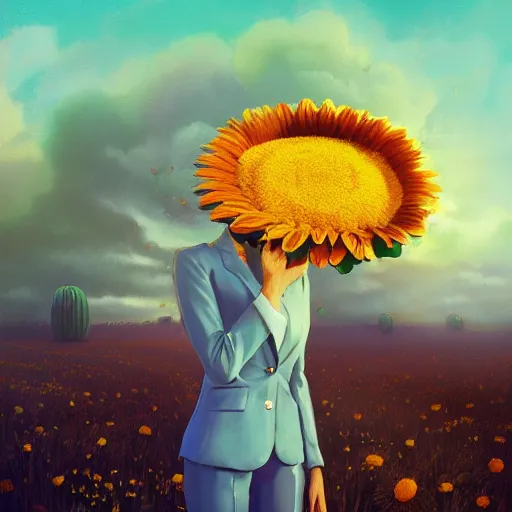Prompt: giant daisy flower as a head, frontal, girl in a suit, surreal photography, sunrise, dramatic light, impressionist painting, digital painting, artstation, simon stalenhag