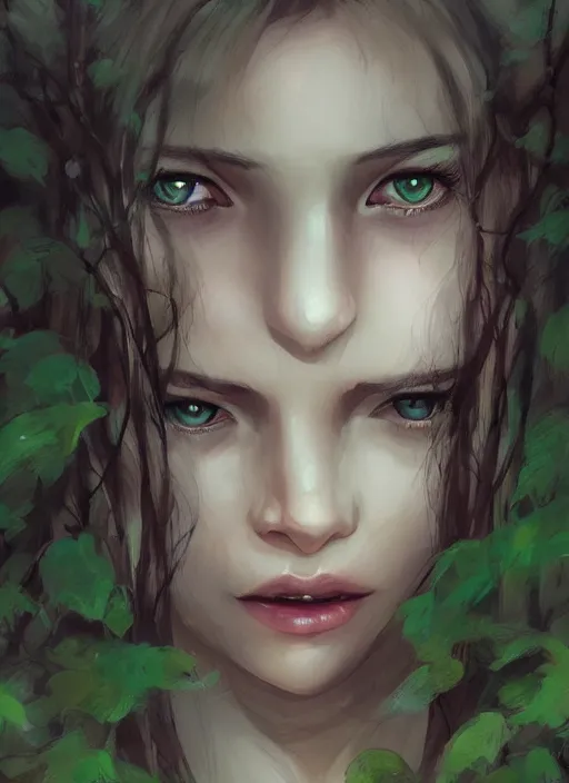 Image similar to girl lying in forest, face close up, art by charlie bowater