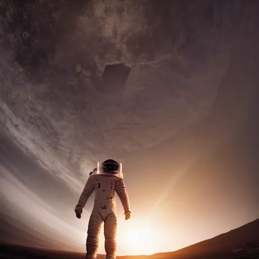 Image similar to elon musk standing on the surface on mars in a spacesuit, dramatic lighting, cinematic, wide shot, 4 k, hd, sharpdetails