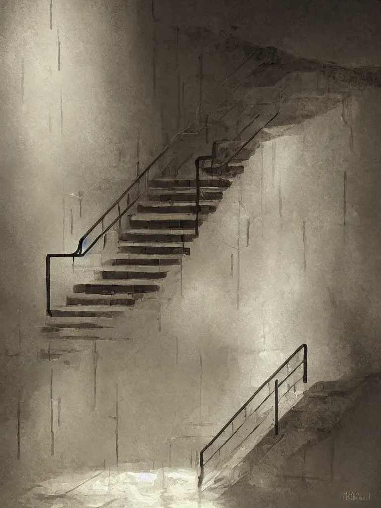 Prompt: down a basement staircase digital painting concept art smooth sharp focus hyperrealistic illustration artstati