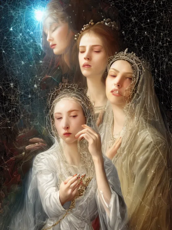 Prompt: a complex concept art ultra detailed of two baroque catholic veiled perfect female face android queens kneel and pray with lots of electric cable behind them connected to giant computer,bowknot, fine lace, GUCCI, sparkling, jewel embellishment, film lighting, by Andrei Riabovitchev,Stanely Artgerm, Tom Bagshaw, Andrei Riabovitchev, aaron horkey, trending on pinterest, full of color, mythological, high detailed,golden ratio,cinematic lighting