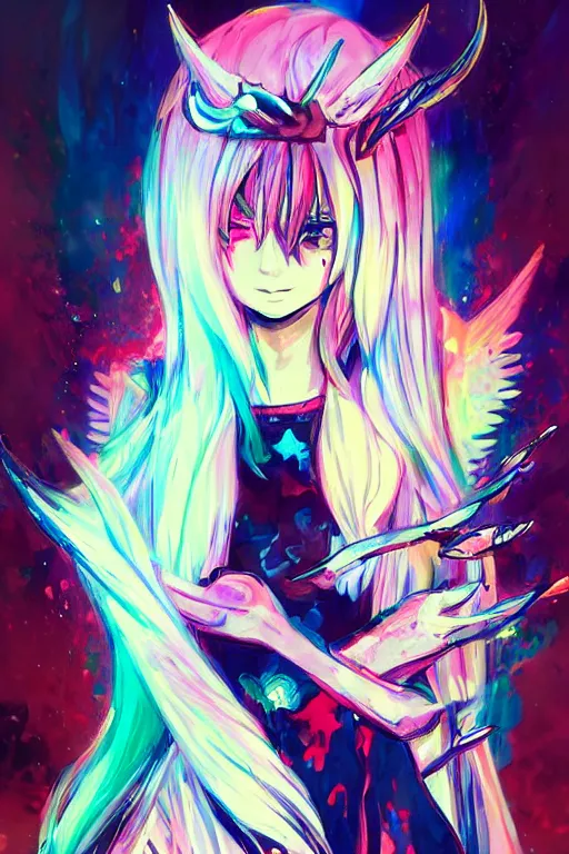 Prompt: maximalist splatter paint of angel cosplaying as the demon portrait, gapmoe yandere, grimdark, trending on pixiv, fanbox, painted by makoto shinkai