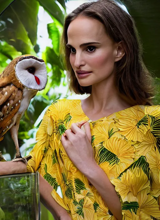 Prompt: Award winning head to shoulder portrait photograph of an elegant top model that looks like natalie portman wearing a yellow kimono with a very detailed barn owl on her shoulder!!! in a tropical greenhouse. looking at the camera!!. super resolution. Extremely detailed. art by Rineke Dijkstra.