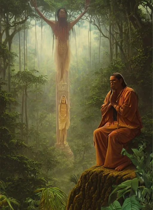 Image similar to an indigenous man sitting and praying in the jungle, while spirits of his ancestors watch over him from above, art by christophe vacher