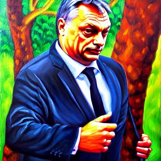 Prompt: viktor orban protecting a tree, oil painting