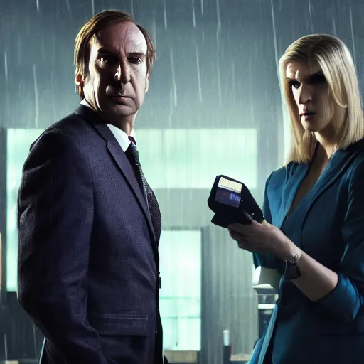 Prompt: saul goodman and Kim wexler in bladerunner, full shot, realistic, hyperrealistic, 4k resolution, 8k resolution, Quality, highly detailed, very detailed, detail studio quality lighting, dramatic lighting, re life