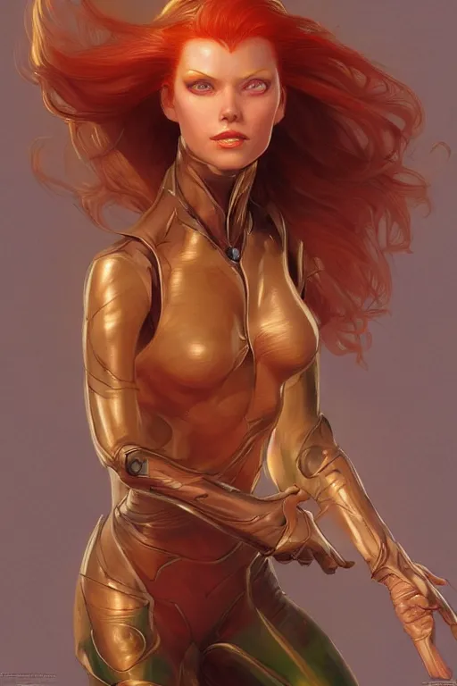 Prompt: Redhead alien human beautiful hybrid feminine woman with green eyes and a roundish nose as a futuristic heroine, digital painting, artstation, concept art, smooth, sharp focus, illustration, art by artgerm and donato giancola and Joseph Christian Leyendecker, Ross Tran, WLOP