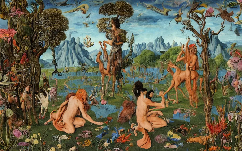 Image similar to a photograph of a meditating centaur shaman and a harpy mermaid feeding animals. surrounded by bulbous flowers, animals and a few trees. river delta with mountains and cliffs under a blue sky full of burning stars and birds. painted by jan van eyck, max ernst, ernst haeckel, ernst fuchs and artgerm. trending on artstation