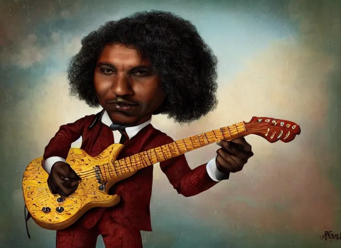 Image similar to a black man with long curly hair playing electric guitar, lowbrow, matte painting, 3 - d highly detailed, in the style of mark ryden,