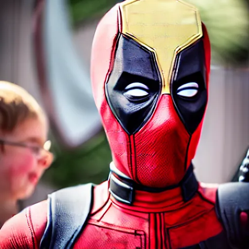 Image similar to deadpool at a children's birthday party, photography,