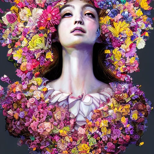 Prompt: the portrait of an absurdly beautiful, graceful, elegant, chaste, young woman made of petals looking up, an ultrafine detailed illustration by kim jung gi, irakli nadar, intricate linework, bright colors, octopath traveler, final fantasy, angular, unreal engine 5 highly rendered, global illumination, radiant light, detailed and intricate environment