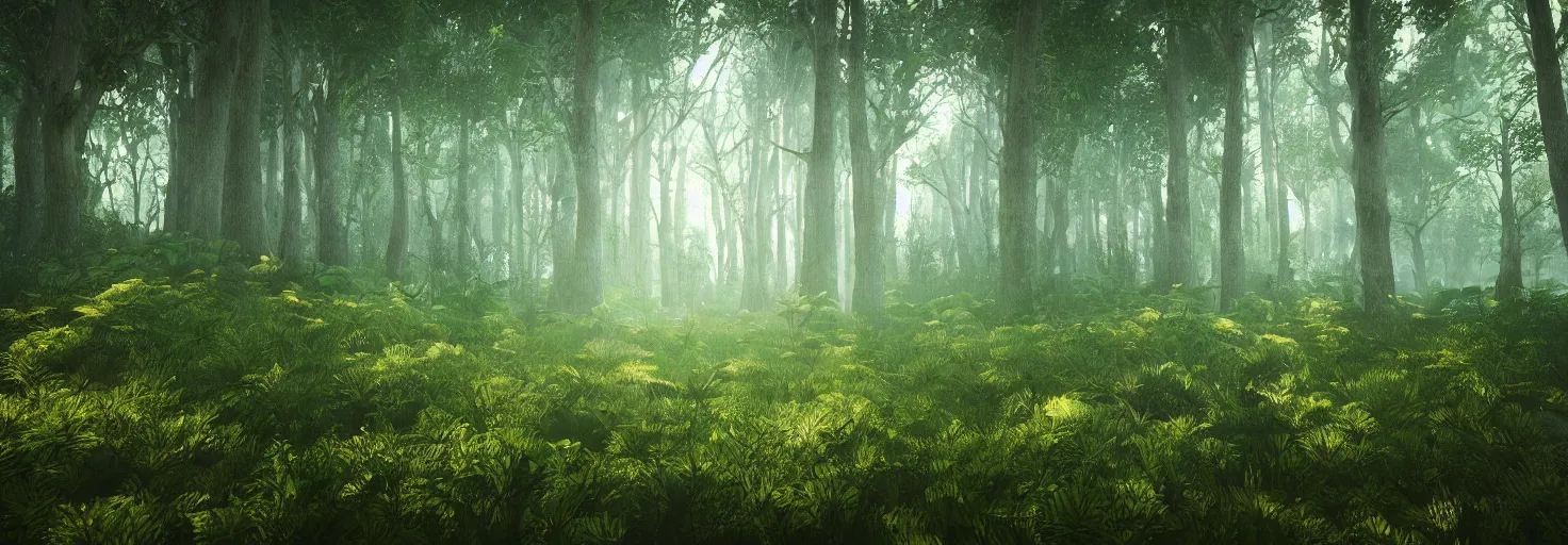 Image similar to a forest with glowing plants, wide shot, cinematic, ultra realistic, ultra detailed