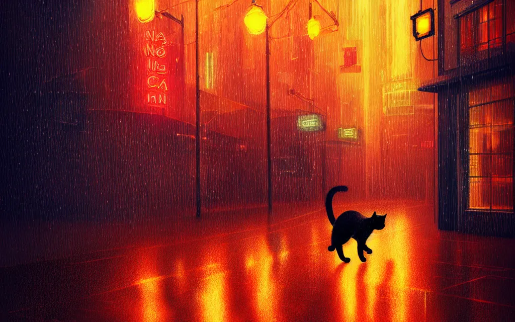 Image similar to cat running through heavy rain in a neon lit street at night by wlop, ultra detailed color art, high detail, digital art