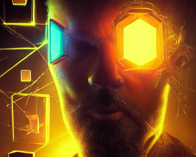 Image similar to fantasy portrait of wizard with neonyellow cubes, intricate abstract. intricate artwork, by greg rutkowski, wlop, beeple, dan mumford. concept art, octane render, trending on artstation, greg rutkowski very coherent symmetrical artwork. cinematic, key art, hyper realism, high detail, octane render, 8 k, iridescent accents