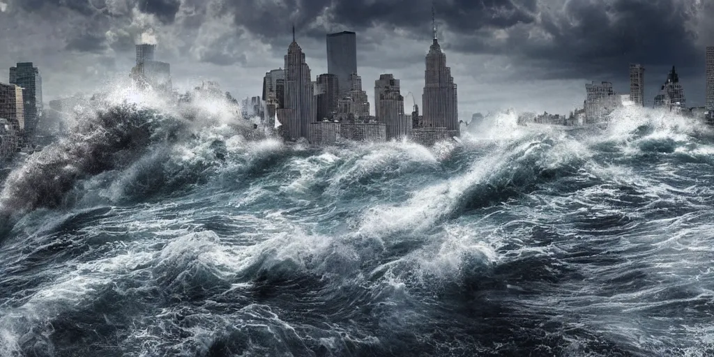 Prompt: ultra detailed and realistic picture of a tsunami hitting new york city