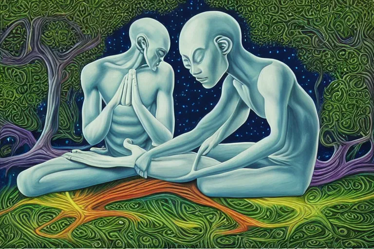 Image similar to painting of a tranquil alien meditating under a tree by alex grey, acrylic art, ethereal, soothing, somber, elegant, soft light,