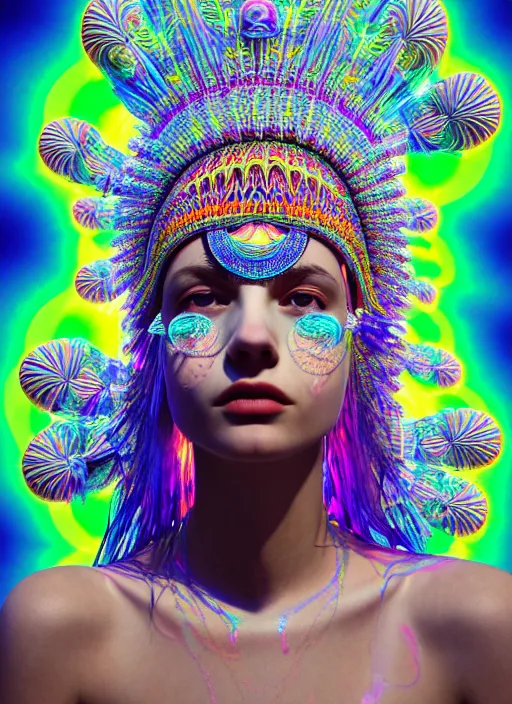 Prompt: absurdly beautiful, fashionable young woman with clear white skin, wearing a headdress made from plastic toys, in the fourth dimension, psychedellic, ayahausca, tryptamine, hyperdetailed illustration by irakli nadar and alexandre ferra, intricate linework, unreal engine 5 highly rendered, global illumination, radiant light, detailed and intricate environment