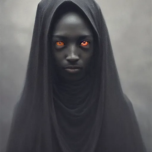 Image similar to a portrait of a young black woman wearing a long dark cloak, hood and shadows covering face, anatomically correct, beautiful perfect face, enigmatic, oil painting, matte painting, black background, Volumetric dynamic lighting, Highly Detailed, Cinematic Lighting, Unreal Engine, 8k, HD, by Beksinski