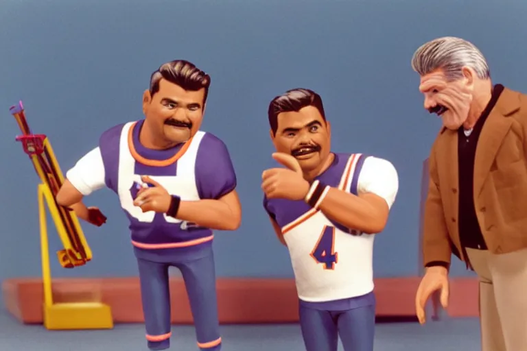 Prompt: still frame of Ditka and Walter Payton in barbie, by Jaap Buitendijk