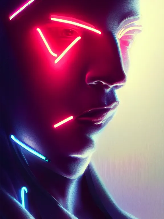 Image similar to portrait of male humanoid, intricate, elegant, cyber neon lights, highly detailed, digital photography, artstation, glamor pose, concept art, smooth, sharp focus, illustration, art by artgerm and greg rutkowski