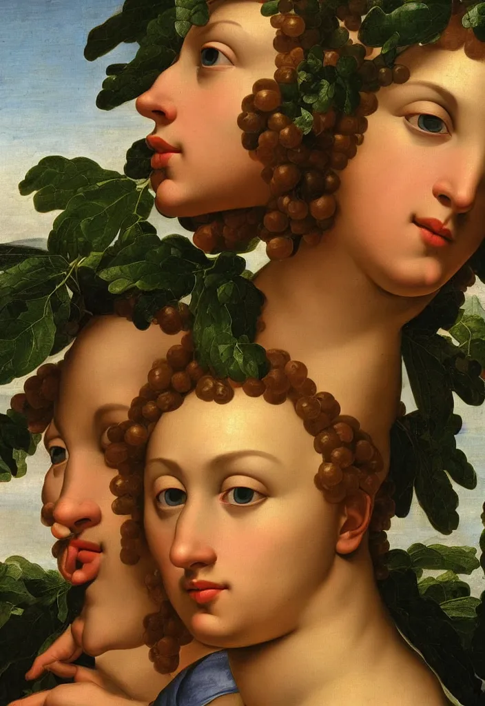 Image similar to men and women, closeup portrait, garden with fruits on trees, ultra detailed, liquid gold, Guido Reni style
