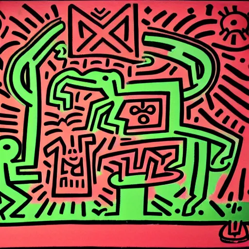 Image similar to a painting of a eerie cabin in the middle of the woods in the style of keith haring