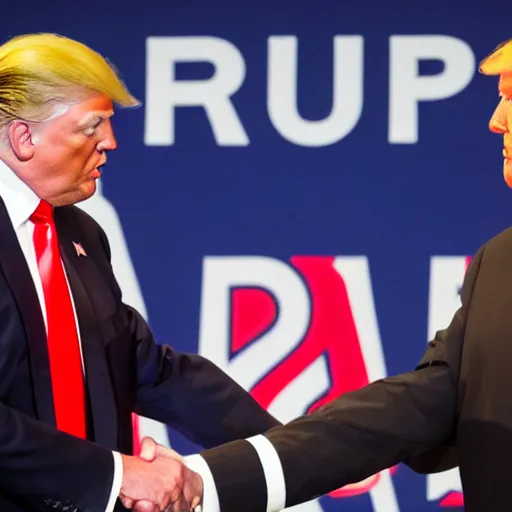 Image similar to professional photograph of Donald Trump and Peter Griffin shaking hands at a press conference, 8k, highly detailed, highly intricate,