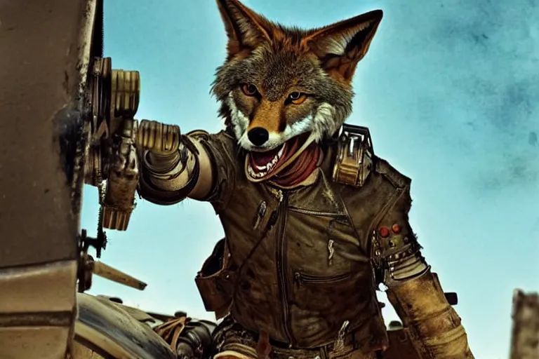 Image similar to a good ol'coyote fursona ( from the furry fandom ), heavily armed and armored facing down armageddon in a dark and gritty version from the makers of mad max : fury road. witness me.