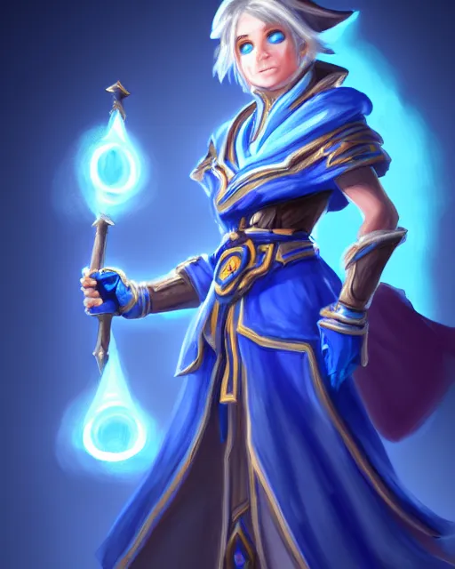 Image similar to perfectly - centered!! looking at the camera!!! full body portrait of the female blue mage, bright lighting, by hearthstone, concept art, hearthstone mastered art