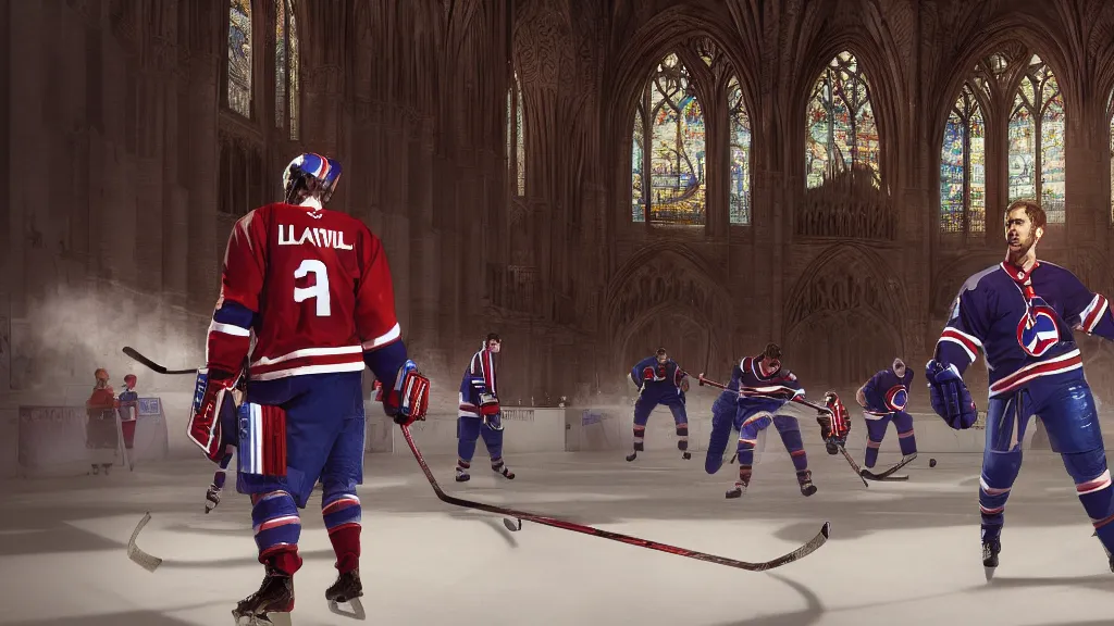 Image similar to A fantasy comic book style portrait painting of the ghost of Guy Lafleur and other Habs Legends playing hockey in a stunning cathedral arena in heaven, unreal 5, DAZ, hyperrealistic, octane render, RPG portrait, dynamic lighting