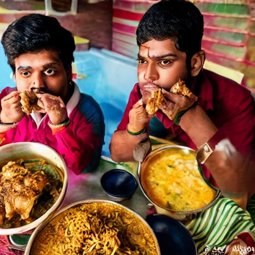 Prompt: A college student is eating chicken biryani in an Andhra mess, highly detailed, 4k, realistic faces, portrait shot, 30mm wide angle